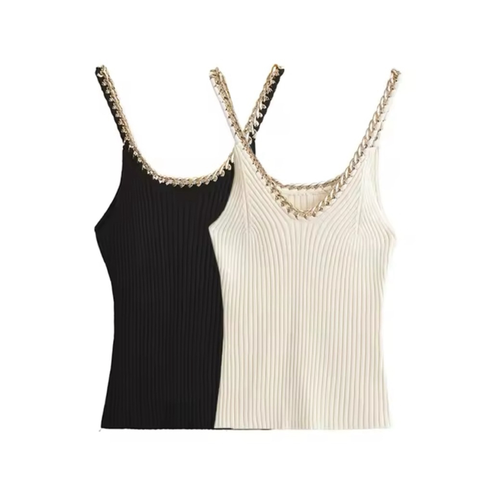 Cuban Link Gold Chain Sleeveless‎ Ribbed Top, White & Gold 13 PTP Runs small